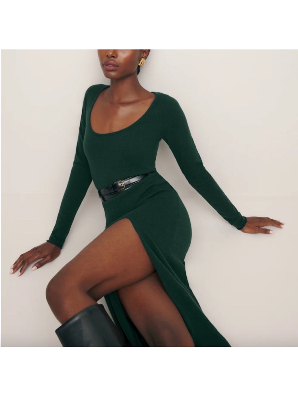 Reformation Cashmere Long Sleeve Scoop Neck Maxi Dress In Deep Green